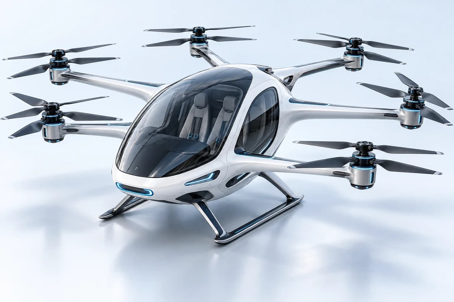 Visual konsep drone penumpang Langit berwarna putih dengan kabin kaca dan rotor di sekelilingnya