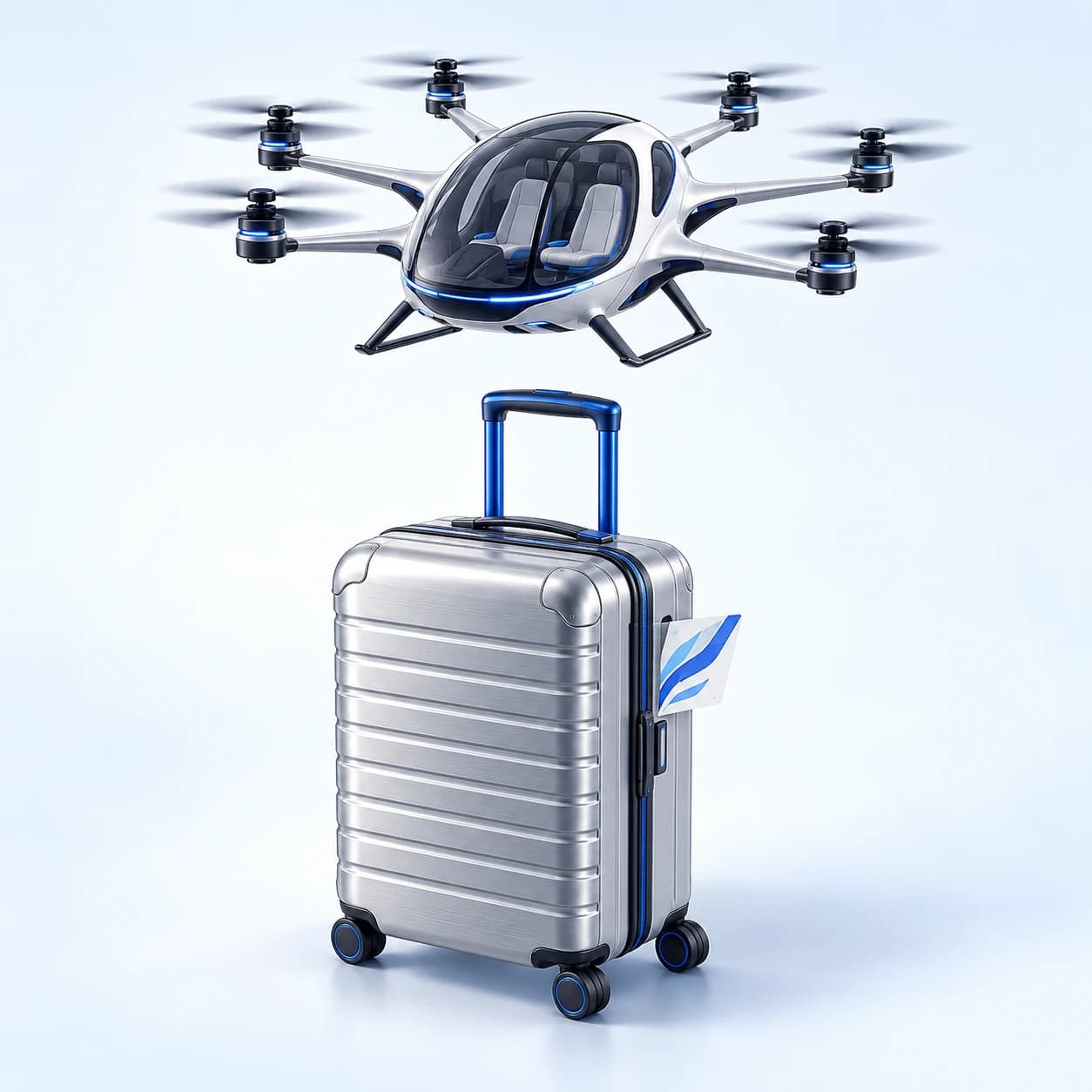 Render 3D koper perak dengan aksen biru dan drone penumpang