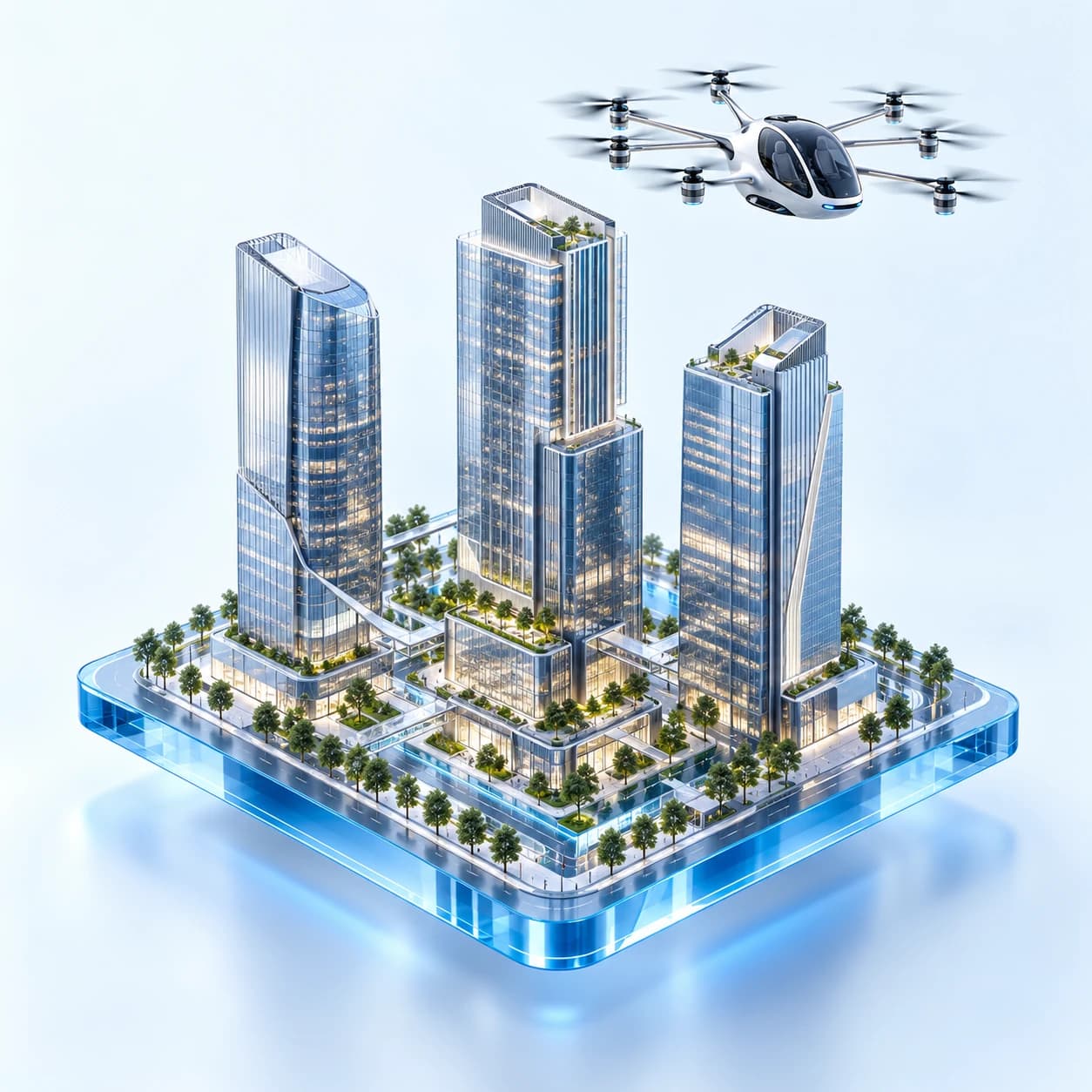 Render 3D kawasan gedung Jakarta dan drone penumpang di atas platform biru