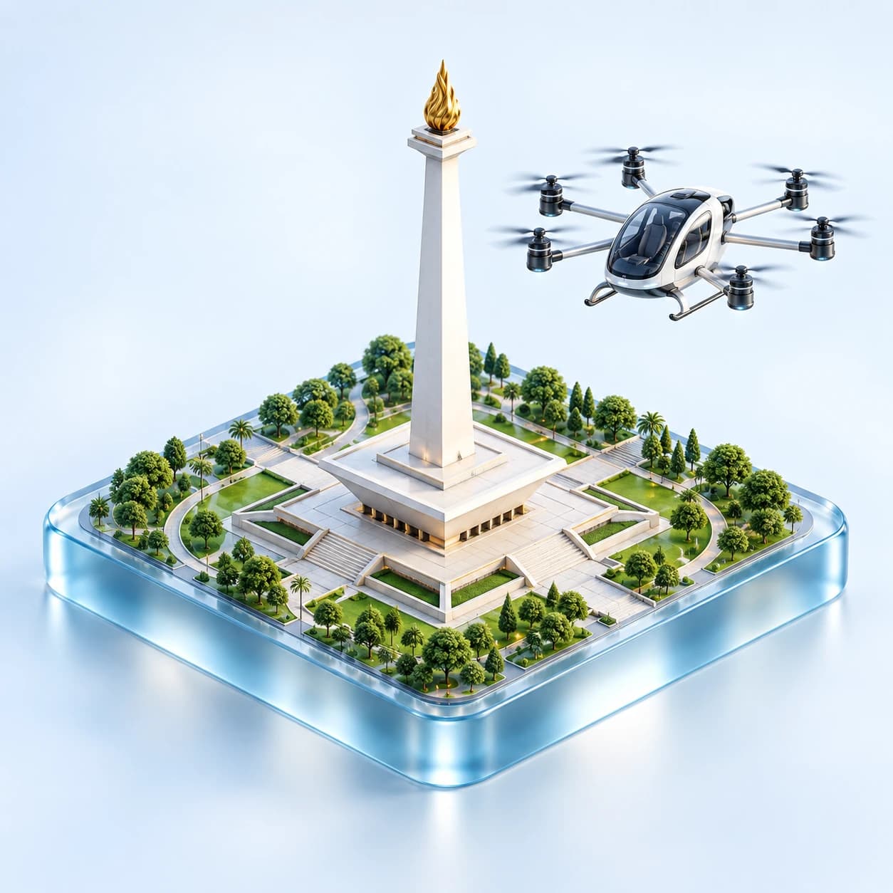Render 3D Monas, taman hijau, dan drone penumpang di atas platform biru